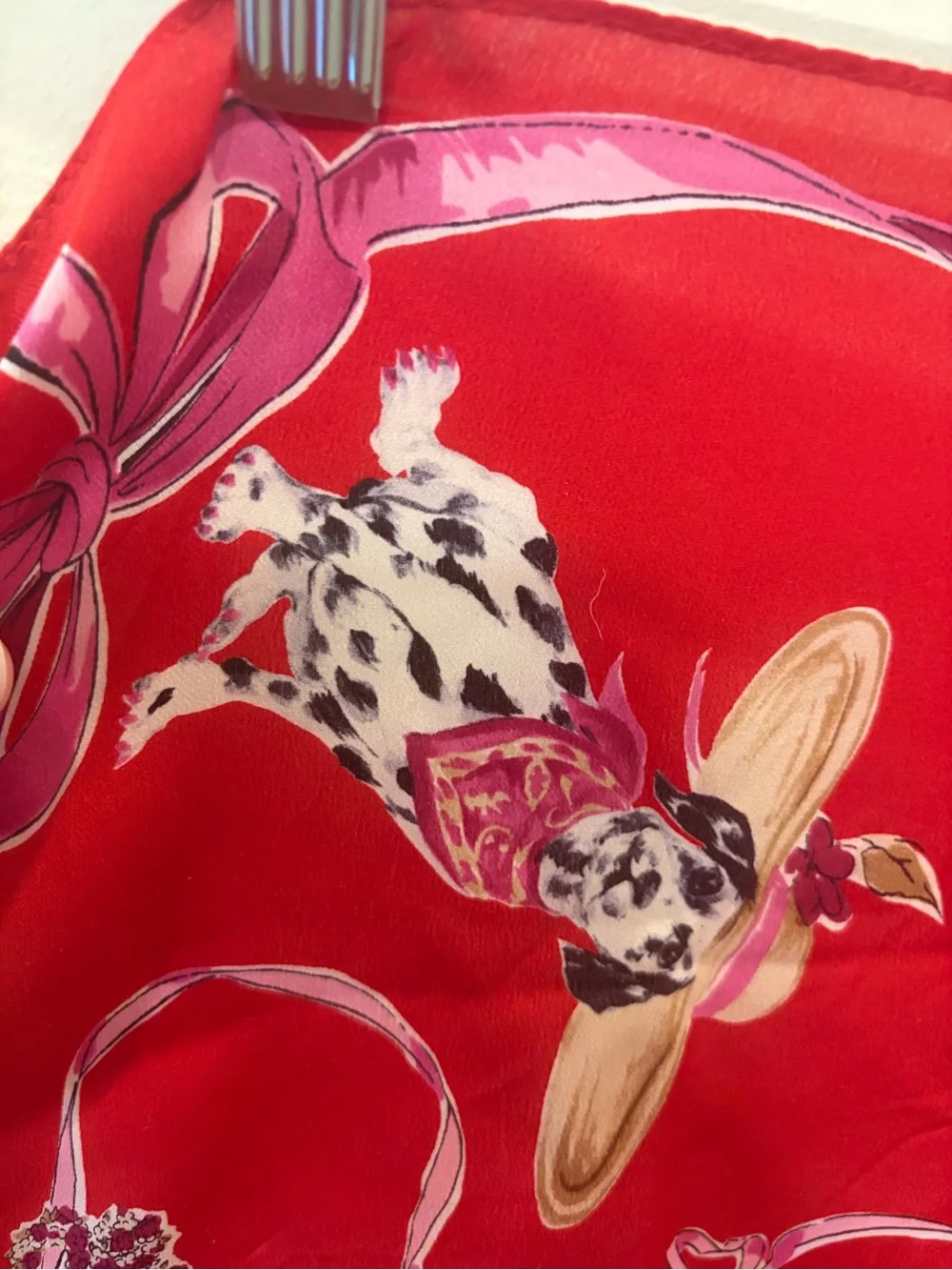 Silk Red Printed Scarf with Ribbon‎ and Floral Motif, Elaine Gold